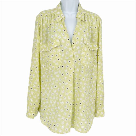 Ann Taylor Collared V-Neck Button Daisy Blouse in Lime Green/White Size L - Picture 1 of 9